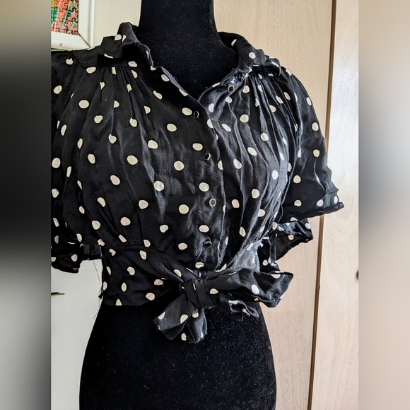 Anthropologie Maeve Black Polka Dot Cropped Flowy Top Women's Size 2 - Picture 6 of 8